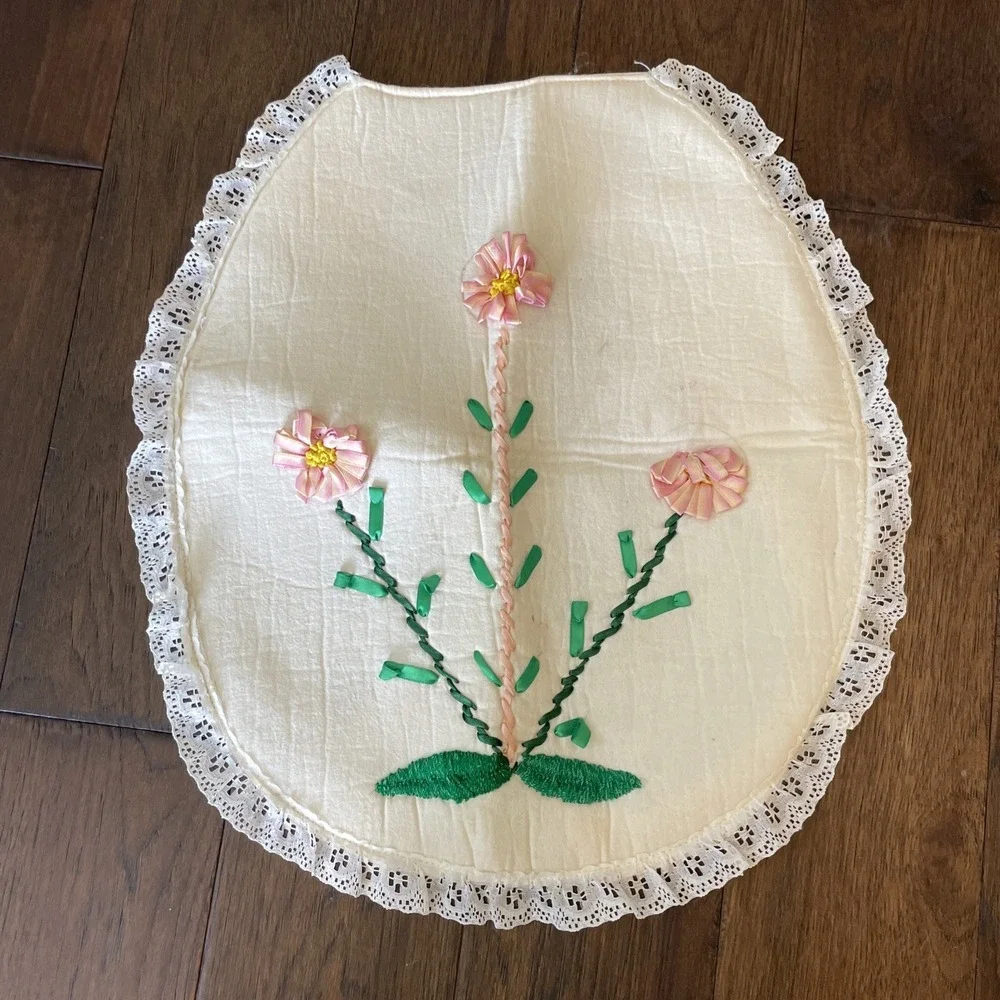 Retro Chenille Toilet Seat Cover‎ White With Pink Flower MCM